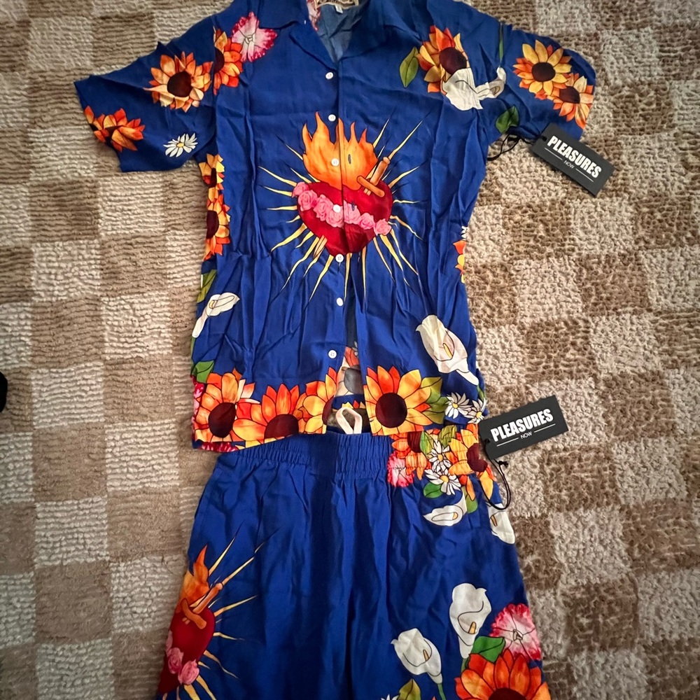 Pleasures Blue Floral Heart Shirt and Shorts Set